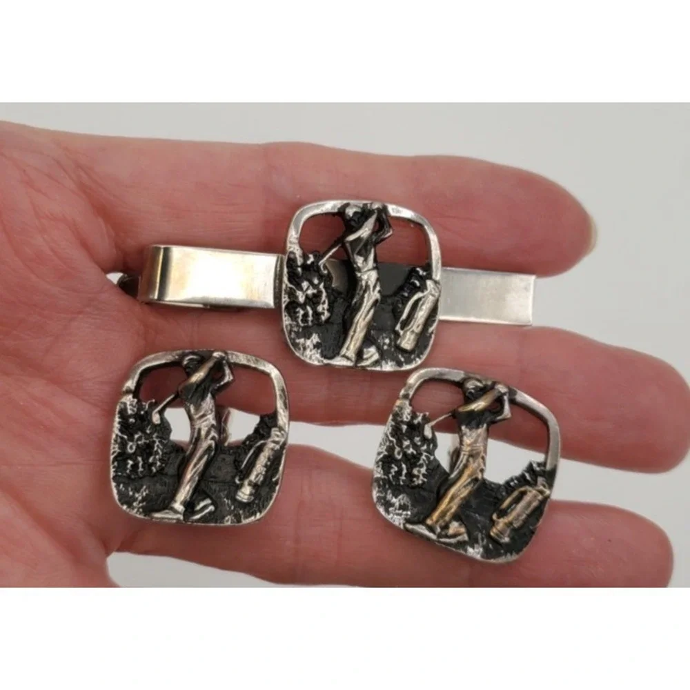 Vtg Silver Tone Golf Golfer's Delight Cuff Links & Tie Clip